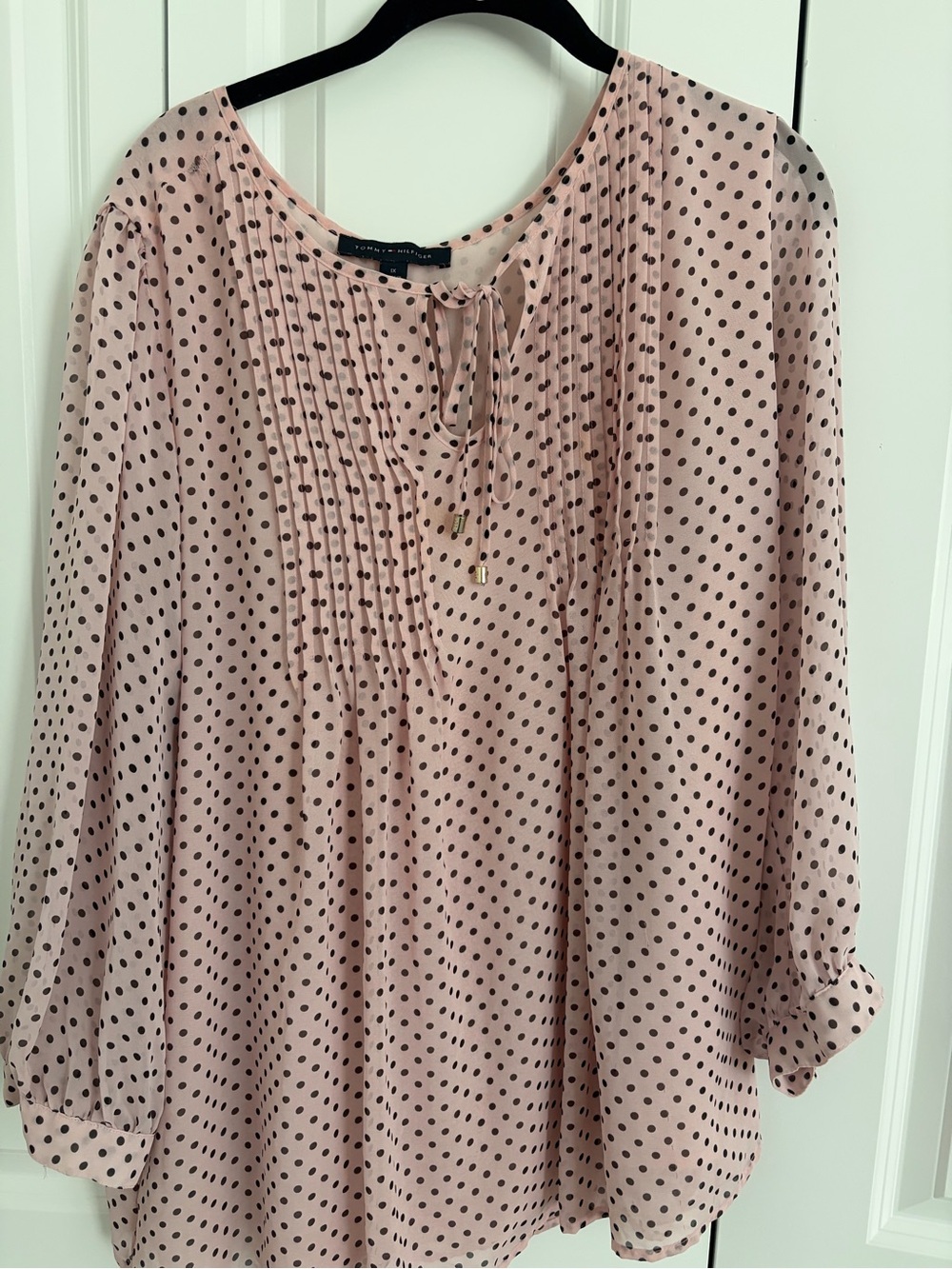 Tommy Hilfiger Blush Pink Polka Dot Pintuck Tie-Neck Top